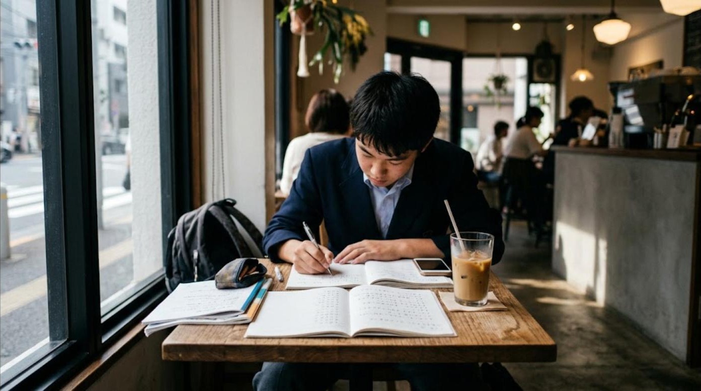 A student copying polite Japanese phrases into a notebook at a cafe table