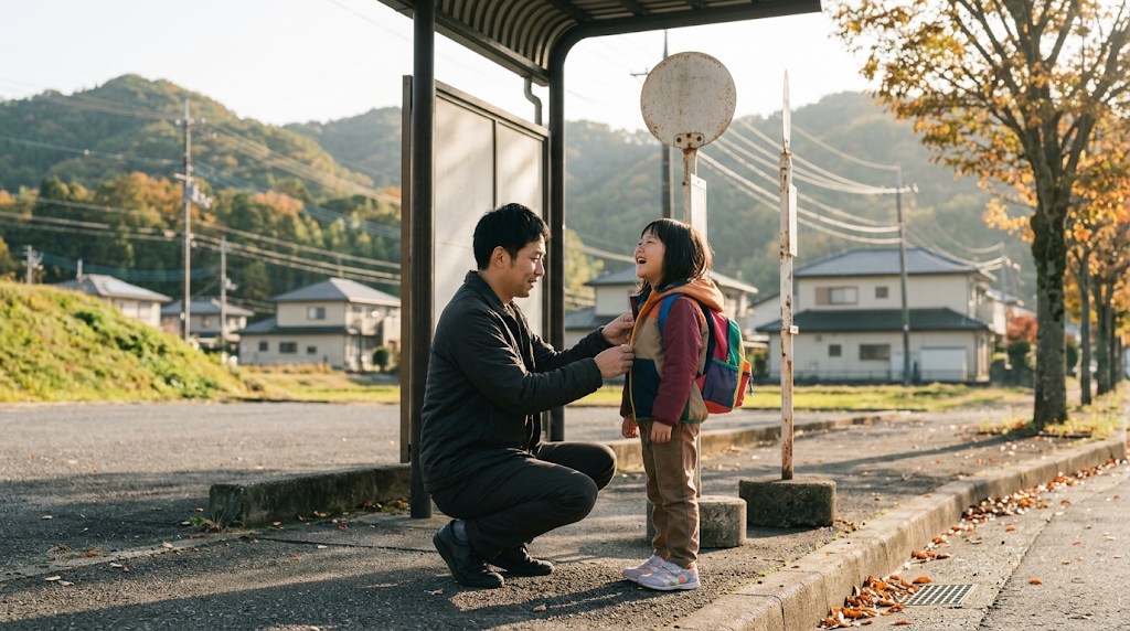 秋の朝、名古屋郊外のバス停で、父親がしゃがんで小学生の娘の上着のファスナーを上げ、娘が笑っている様子