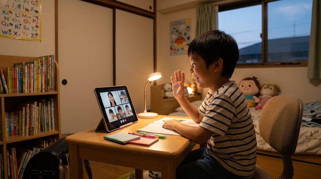 夜の子ども部屋で、小学生の男の子がタブレットのオンライン日本語クラスで日本の先生や同世代の子どもたちに手を振って笑っている様子