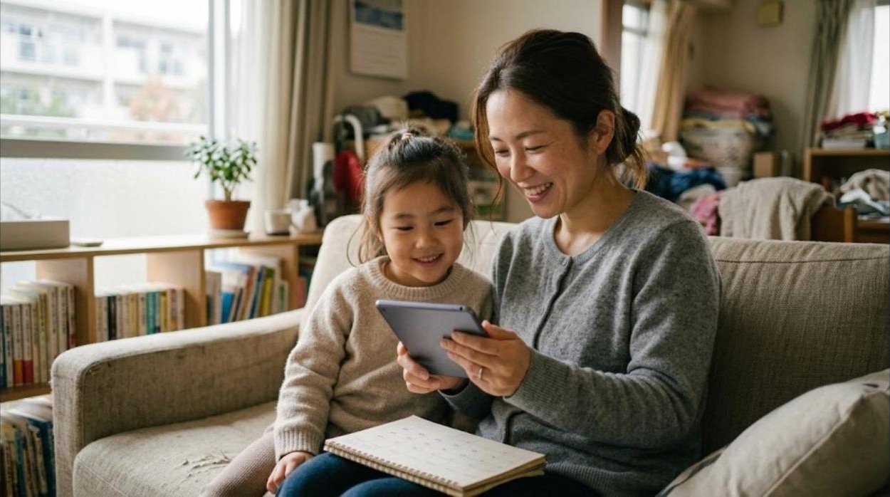 朝の東京のマンションのソファで、30代後半の日本人の母親と6歳の娘が並んでタブレットを見ながら、母親が膝に紙のカレンダーを広げている様子