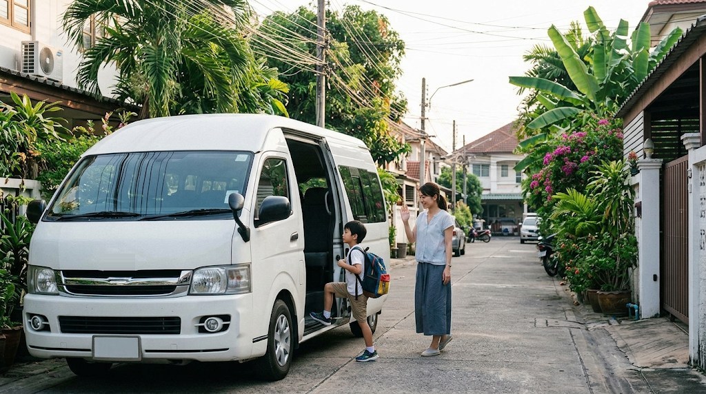 バンコクの住宅街のソイで、白いワンボックスのスクールバスに乗り込む小学生の男の子と、手を振って見送る母親