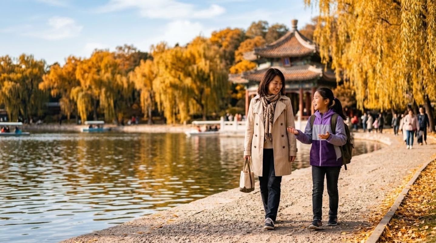 柳と黄葉が美しい北京の公園の湖畔の道を、リュックを背負った11歳くらいの女の子が母親と並んで歩き、楽しそうに話している