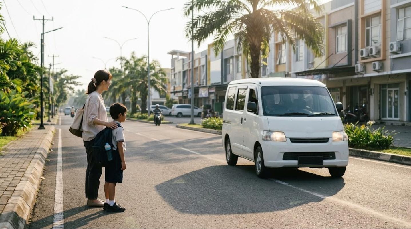ヤシの木が並ぶチカランの新しい街の道路脇で、日本人の母親と小学生の男の子が白いシャトルバスを待っている