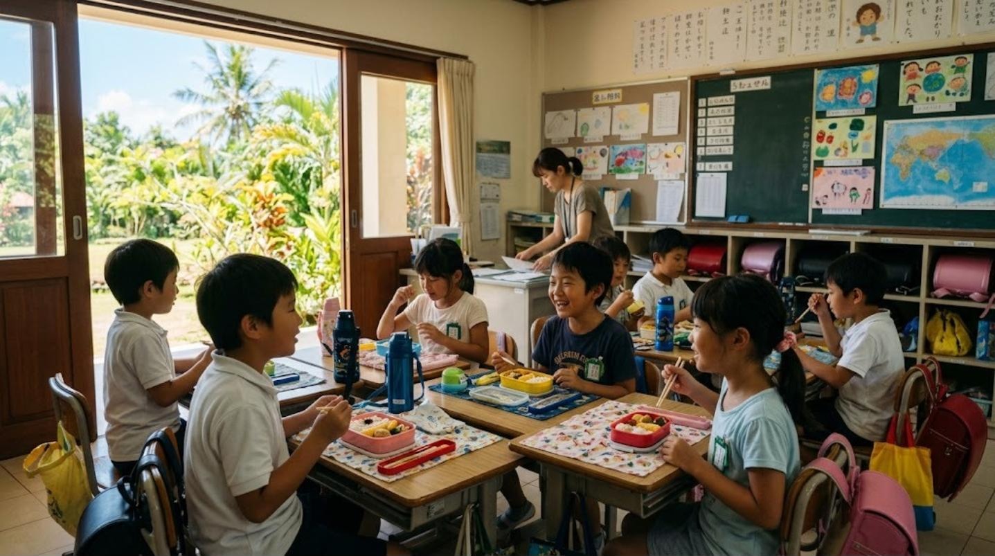 熱帯の木々が見える明るい教室で、日本人の小学生たちが家から持ってきたお弁当を食べながら話している