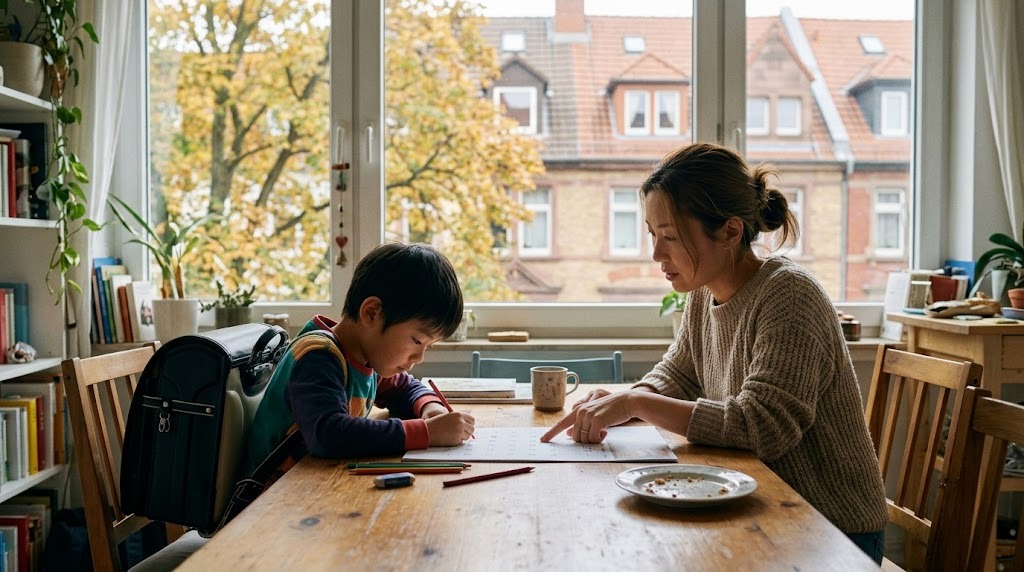 秋の木と赤い屋根の家並みが見えるフランクフルトの部屋で、母親と小学生の男の子が食卓で予定表に印をつけている