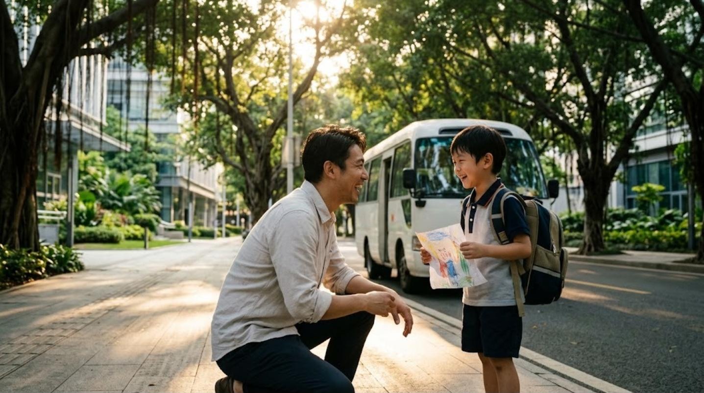 ガジュマルの並木道で白いスクールバスを降りた小学生の男の子が描いた絵を見せ、しゃがんで迎えた父親と笑い合っている