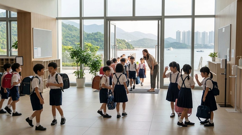 香港・大埔の丘と湾が窓の外に見える明るい学校の玄関ホールで、制服姿の日本人の小学生たちが先生にあいさつしながら登校してくる朝の様子