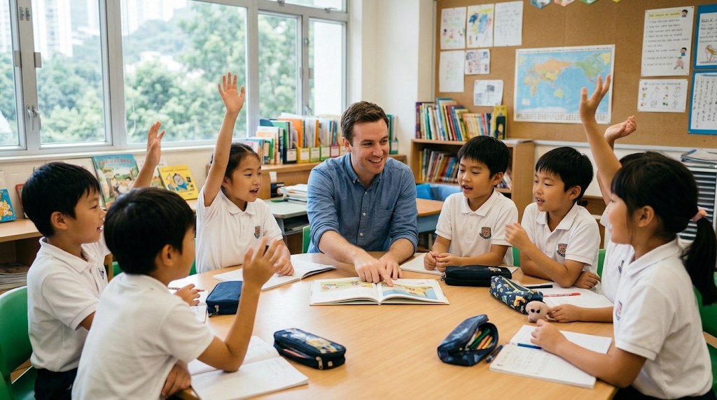 明るい教室で、英語ネイティブの先生が絵本を広げ、白いポロシャツの日本人の小学生たちが机を囲んで手を挙げながら英語で話している少人数の授業