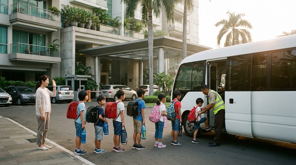ジャカルタのアパートの車寄せで、私服にランドセルと水筒を持った小学生が白いスクールバスに並んで乗り込み、母親が手を振って見送る朝の様子