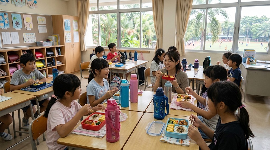 冷房のきいた明るい教室で、私服の小学生が机を寄せて手作りのお弁当を食べ、先生も一緒に笑顔で食べている昼食の時間