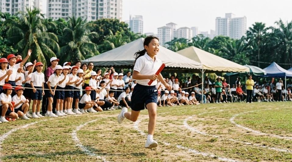 ヤシの木と高層ビルが見える学校のグラウンドで、赤白帽の子どもたちの声援を受けてバトンを持って走る10歳くらいの日本人の女の子