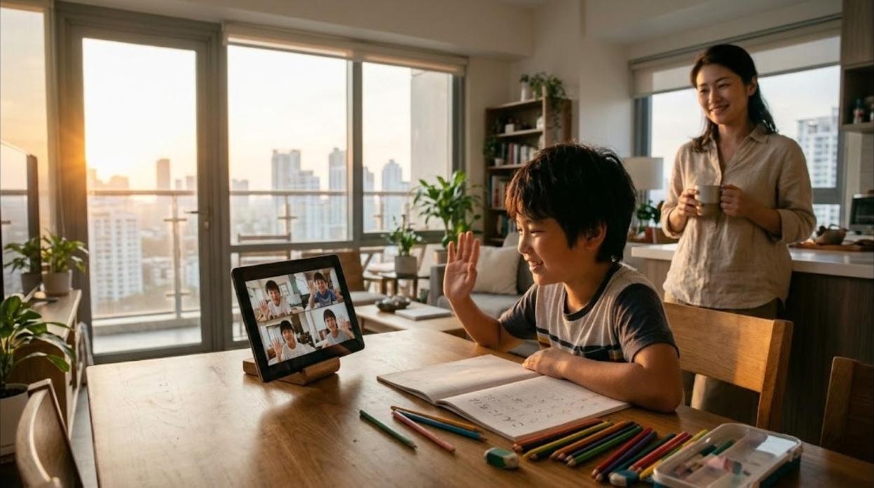 夕日の差し込むマニラの高層マンションのリビングで、日本人の男の子がタブレットのビデオ通話で日本の同世代の子どもたちに手を振り、ひらがなのノートと色鉛筆が机に広がり、後ろで母親が微笑んでいる様子
