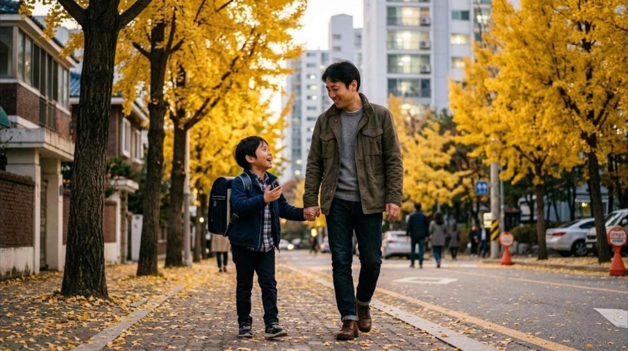 イチョウが黄色く色づいたソウルの住宅街の歩道を、8歳くらいの男の子が父親と手をつなぎ、楽しそうに話しながら歩いている