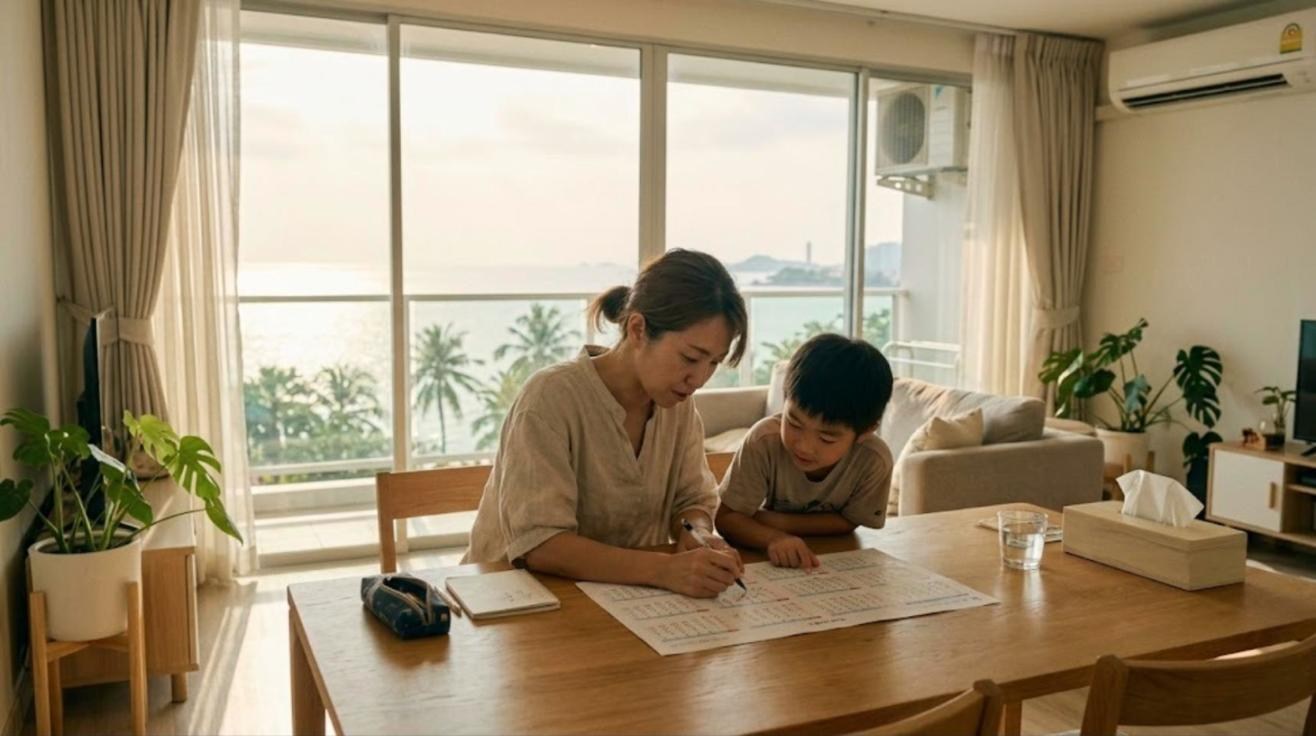 海とヤシの木が見えるシラチャのコンドミニアムのダイニングで、日本人の母親と8歳くらいの男の子が学校の年間予定表に日付を書き込んでいる