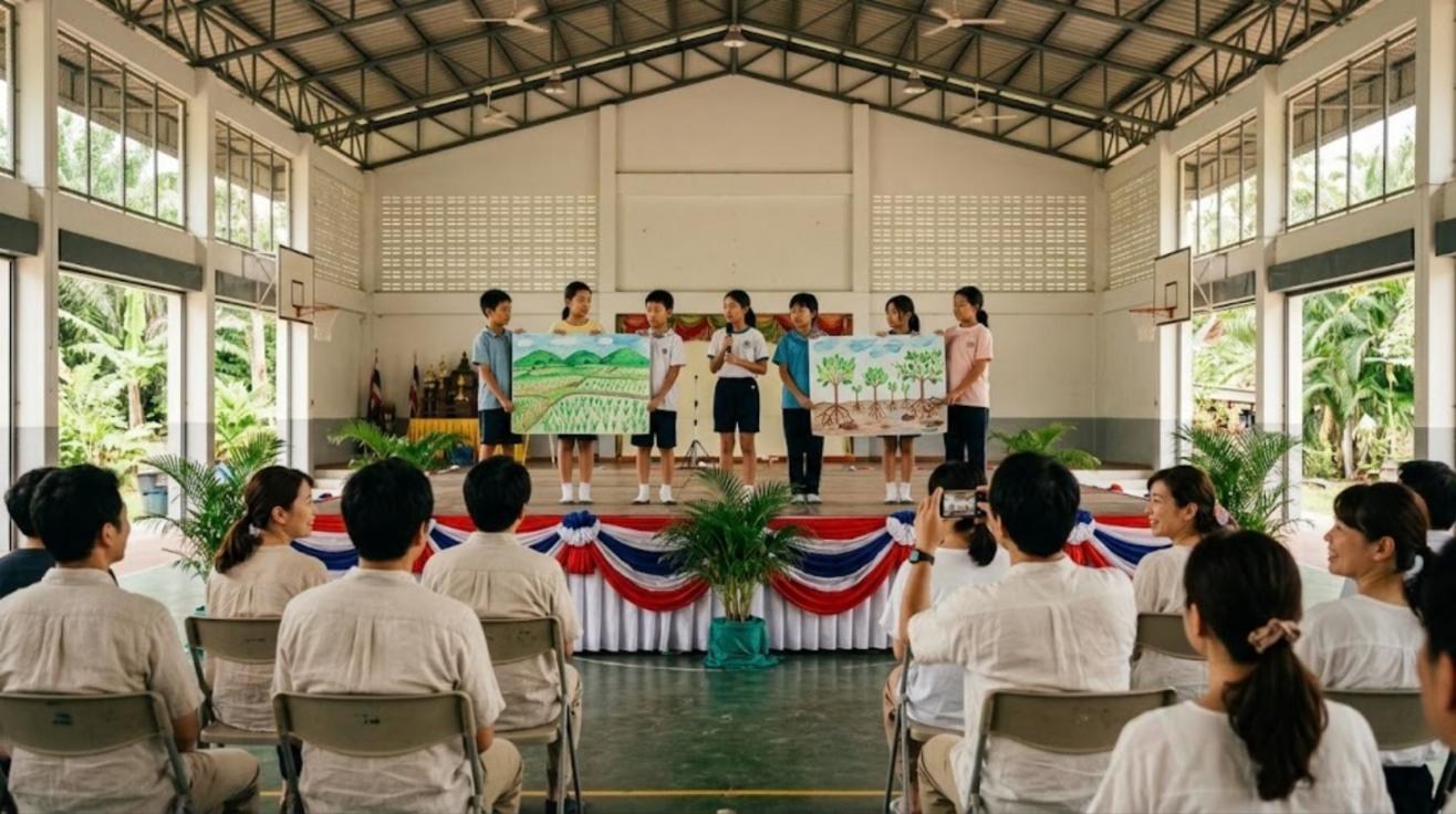 タイの学校の体育館のステージで、日本人の小学生たちが田んぼとマングローブの絵を掲げて発表し、保護者が客席から見守っている