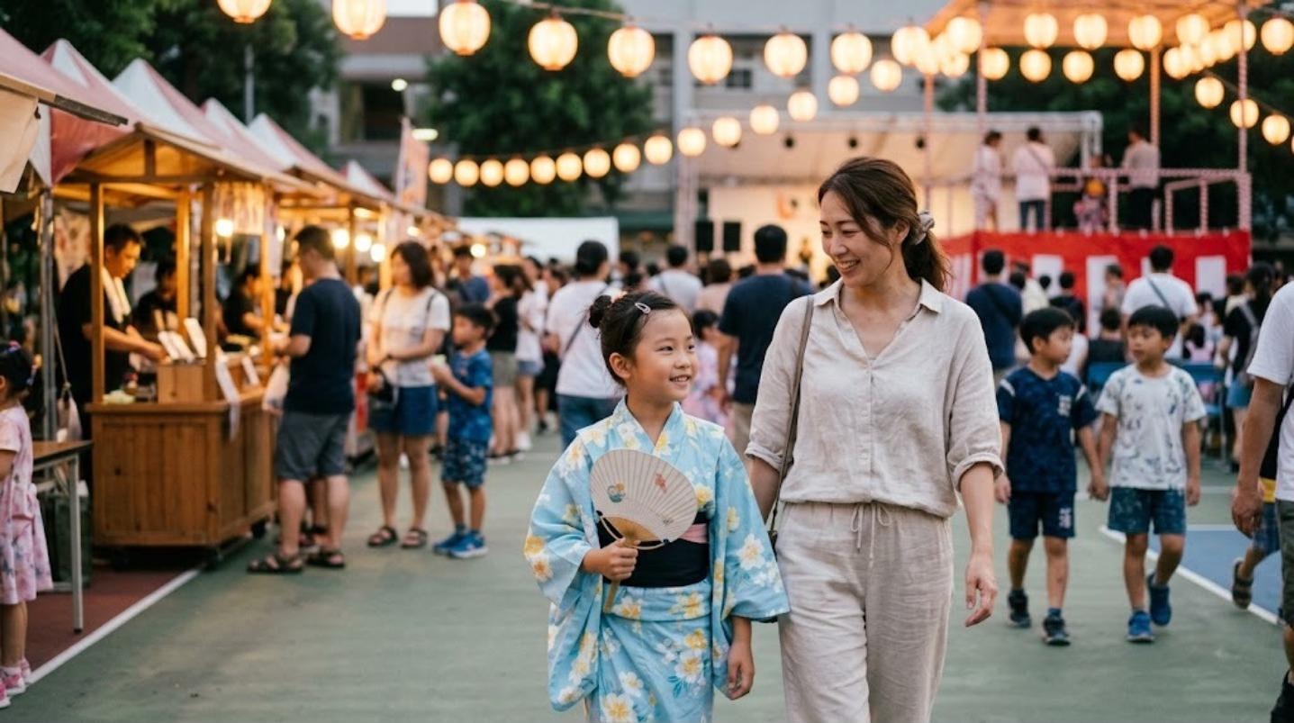 提灯が並ぶ台北の学校の夏祭りで、浴衣を着た小学生の女の子が母親と屋台の間を歩いている
