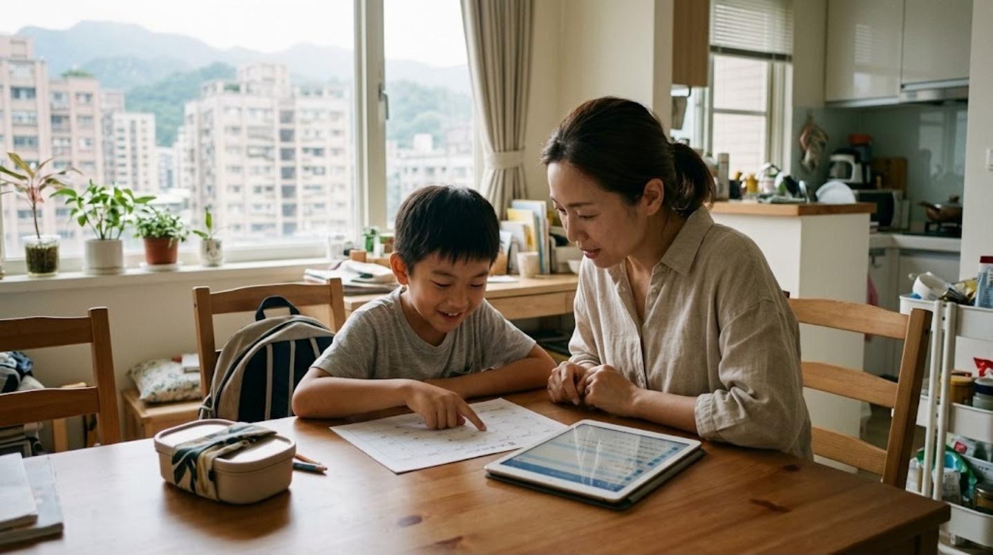山が見える台北のマンションの食卓で、母親と小学生の男の子が学校の予定表を見ながら日付を指さしている