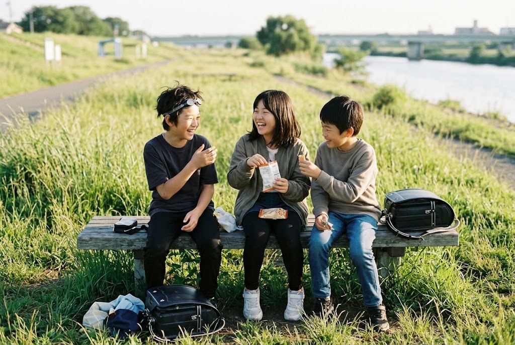 Three friends laughing and sharing snacks on a wooden bench by a river after school