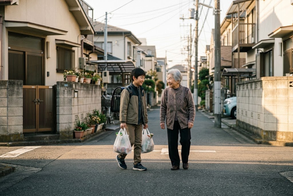 A boy helping an elderly woman carry her shopping bags down a quiet street
