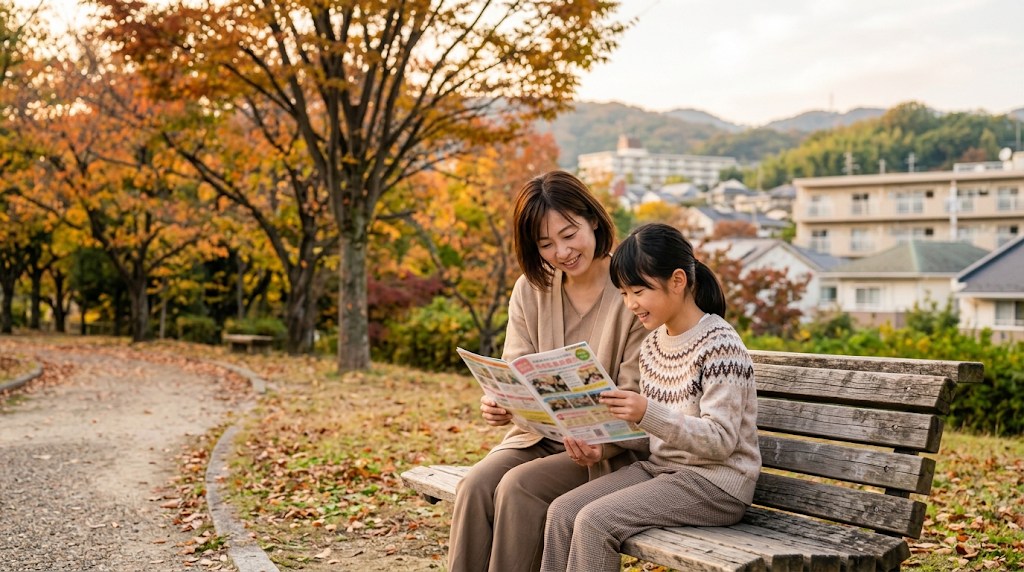 秋の公園のベンチで、母親と小学生の娘が並んで学校案内の冊子を見ながらほほえんでいる様子