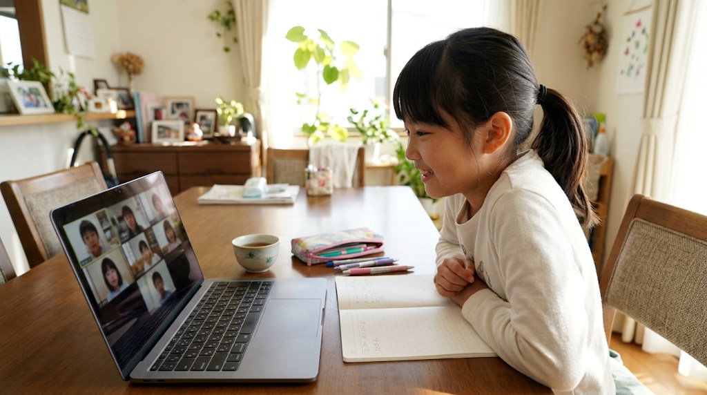 休日の午前、ダイニングテーブルで小学生の女の子がノートパソコンのオンライン日本語クラスで日本の同世代の子どもたちと笑顔で話している様子