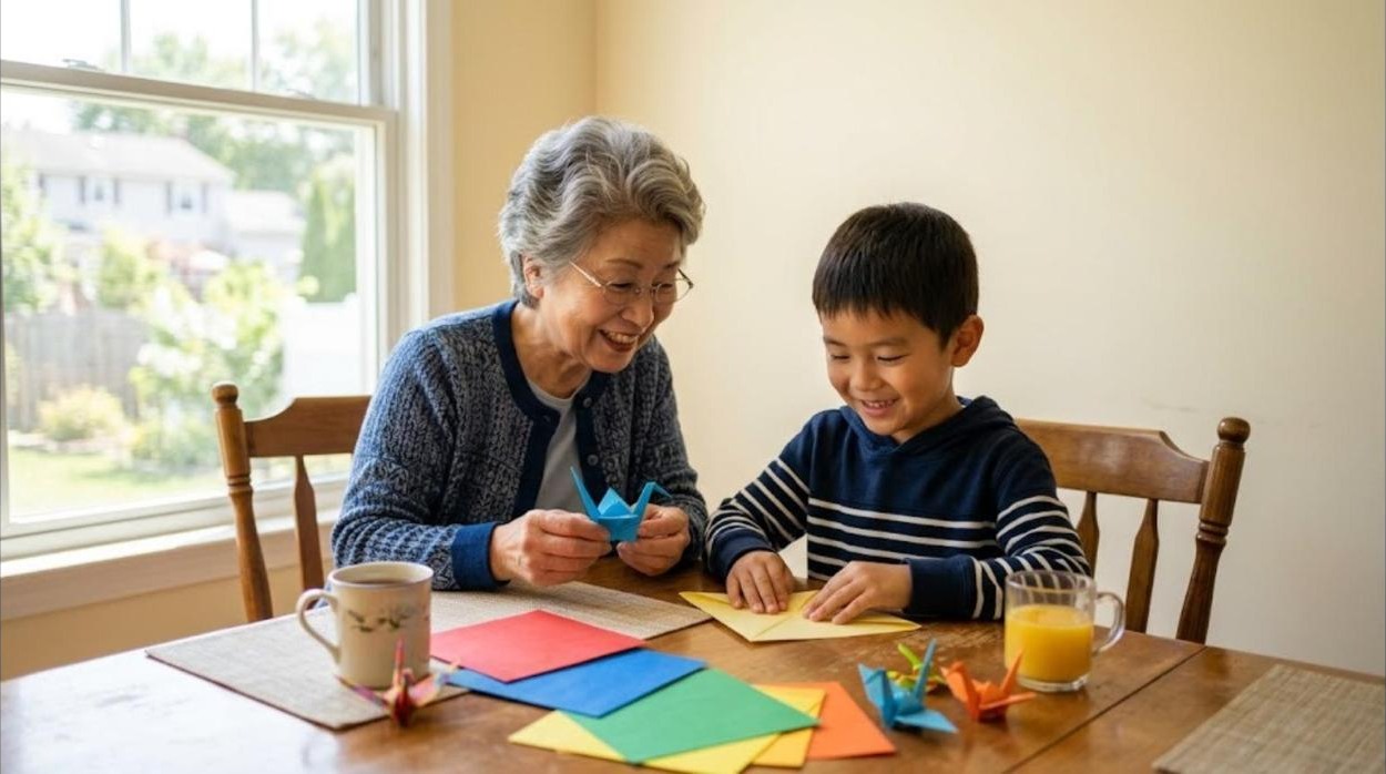 A boy folds a paper crane with his grandmother at a kitchen table in a bright New Jersey home on a weekend afternoon