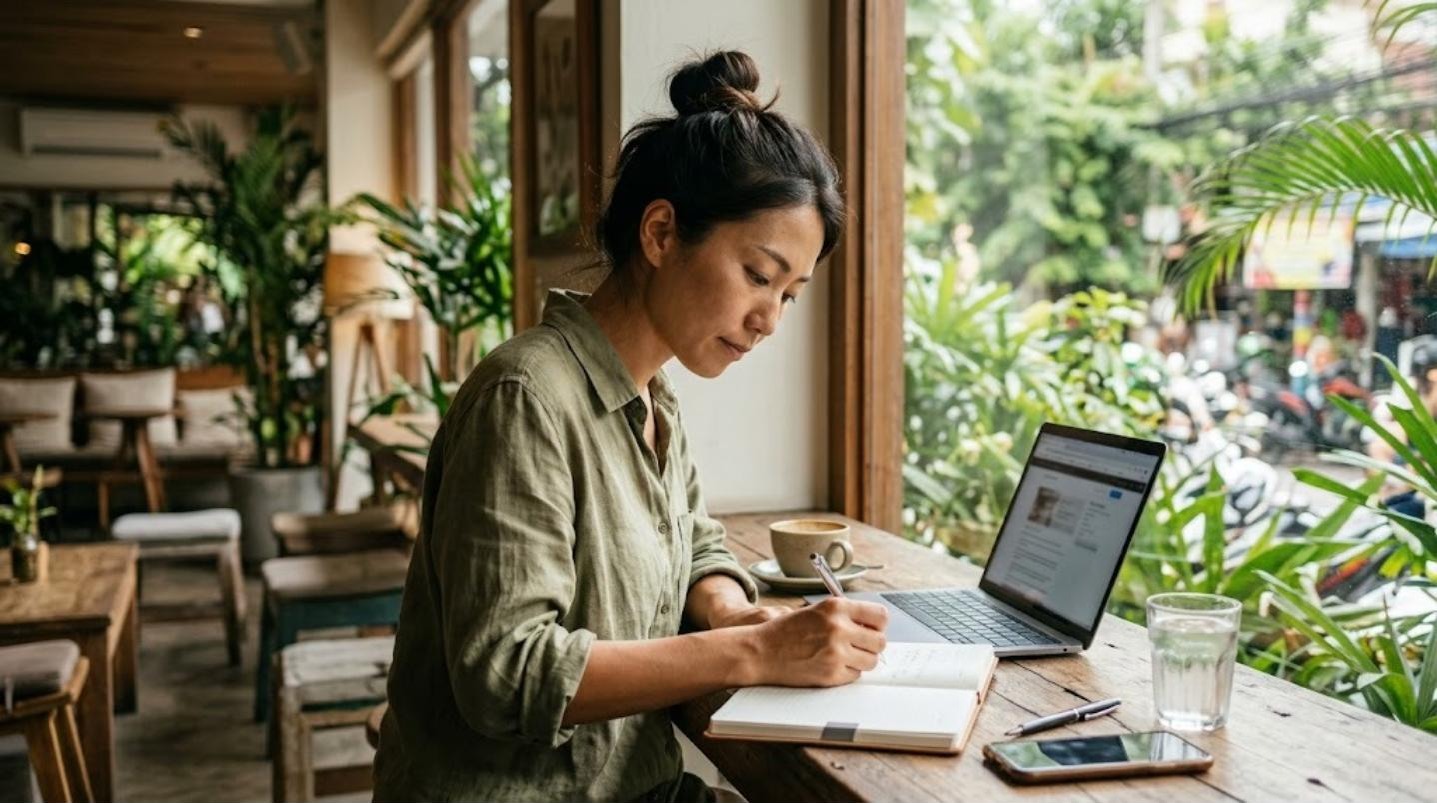カフェの窓際でノートパソコンと手帳を広げ、海外の学校の募集情報を書き出す日本人女性