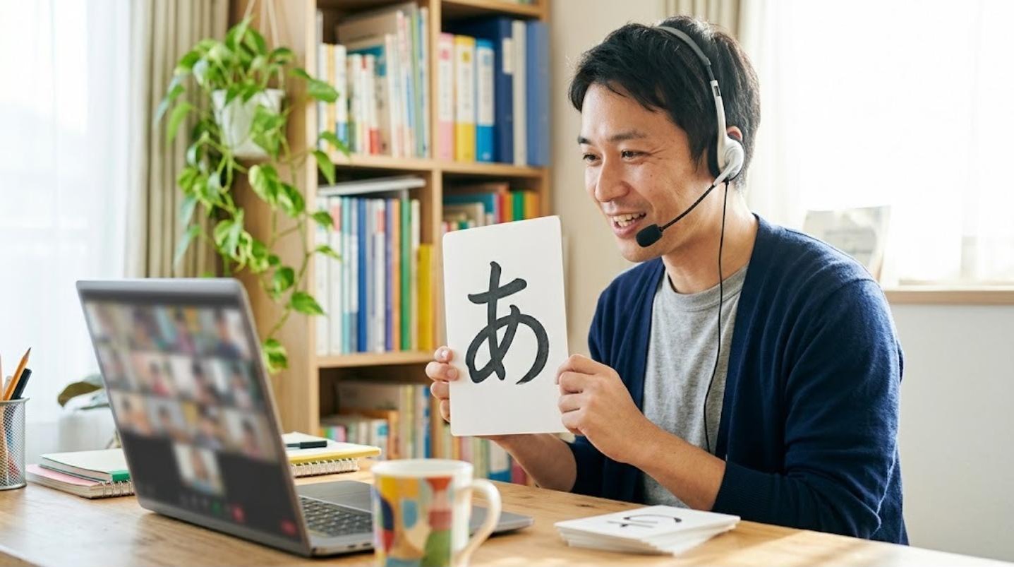 明るい自宅のデスクでヘッドセットを着け、画面の子どもたちにひらがなカードを見せて授業をする日本人男性