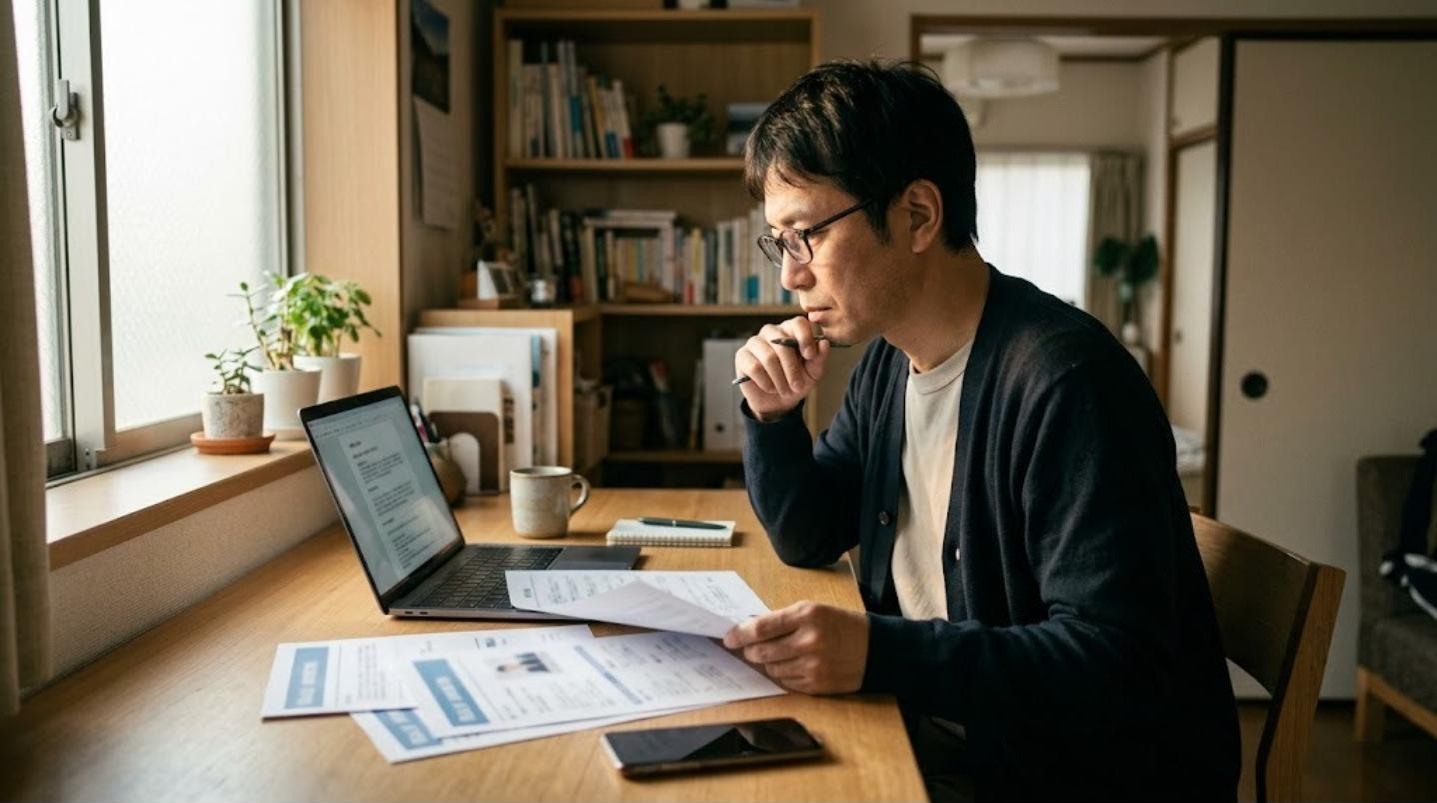 窓辺の机で資料とノートパソコンを並べ、海外の学校の募集要項を読み比べる日本人男性