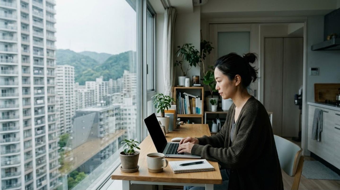高層ビルの見える部屋の机でノートパソコンを開き、学校の採用情報を確認する日本人女性