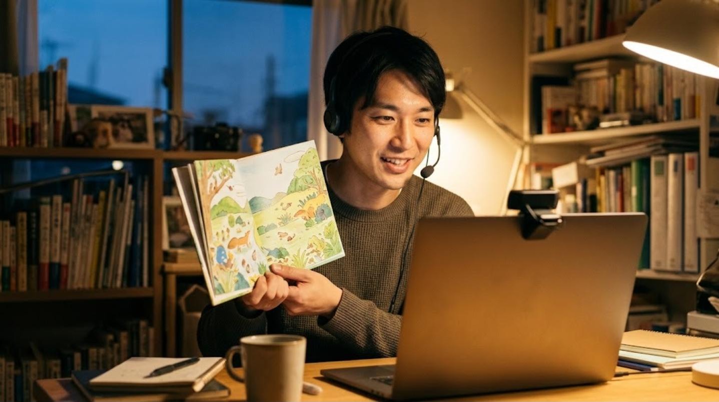 夕方の自宅の書斎でヘッドセットを着け、画面の子どもたちに本を見せながら授業をする日本人男性