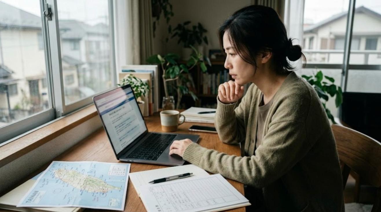 窓際の机で台湾の地図と履歴書を広げ、ノートパソコンで学校の募集要項を確認する日本人女性