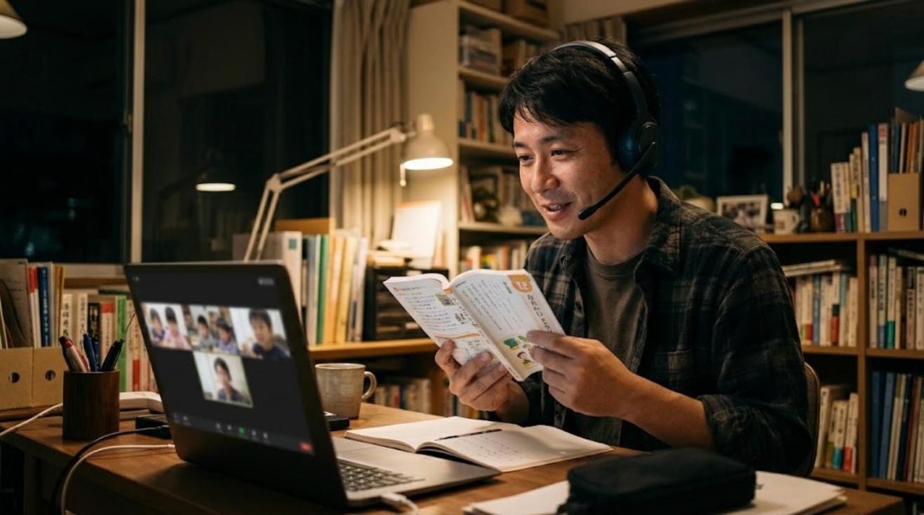 自宅の書斎でヘッドセットを着け、画面に映る子どもたちに国語の教科書を見せながら授業をする日本人男性