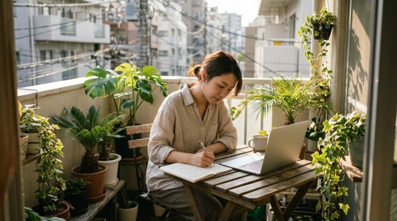 ベランダのテーブルでノートパソコンと手帳を広げ、海外の学校で働く計画を書き出す日本人女性