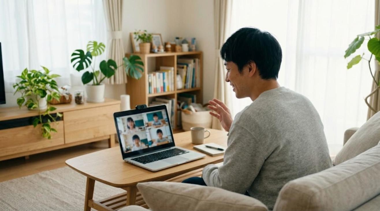 明るいリビングでノートパソコンに向かい、画面の子どもたちに笑顔で問いかけながら授業をする日本人男性