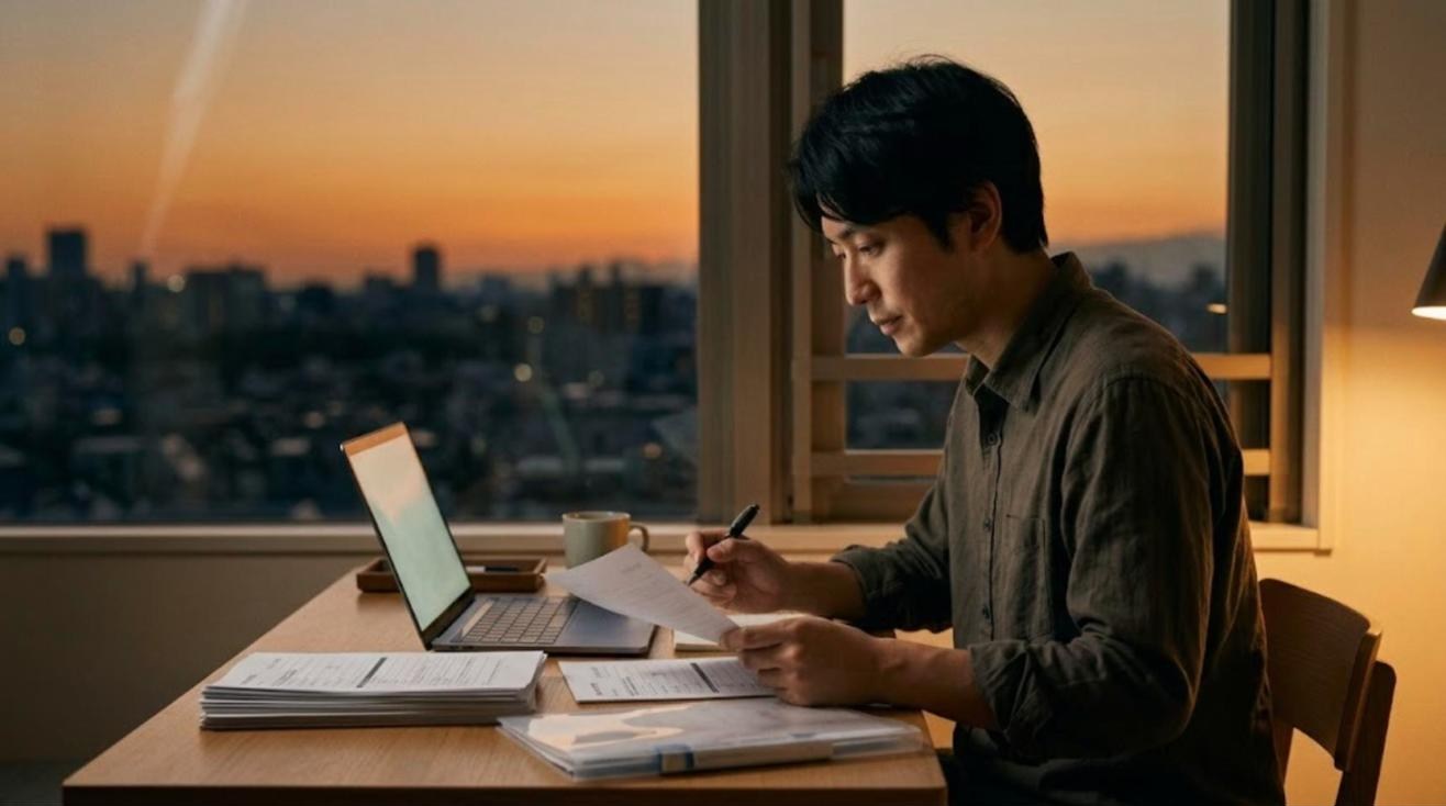 夕暮れの窓辺の机でノートパソコンと書類を広げ、海外の学校の応募書類を確かめる日本人男性