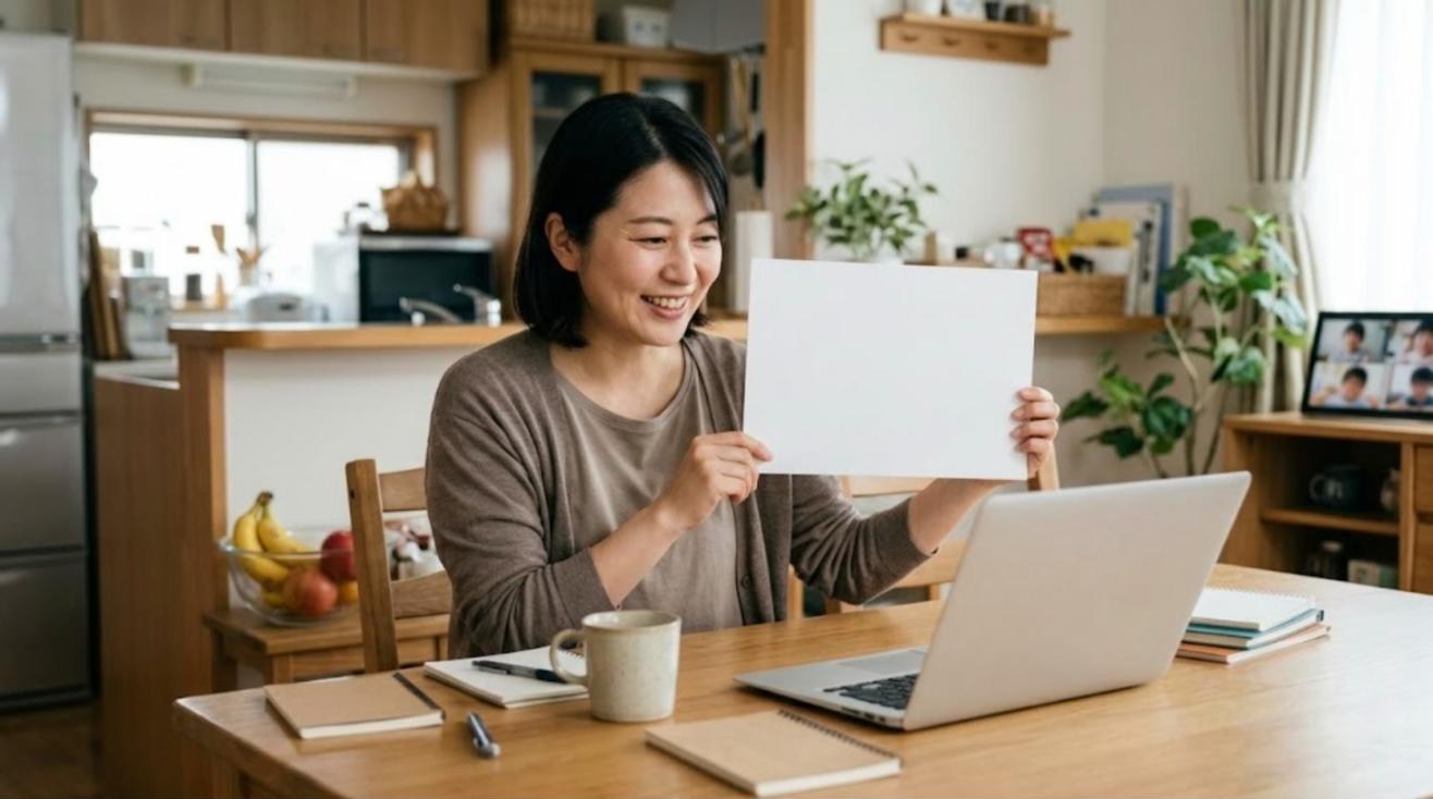 自宅のダイニングテーブルでノートパソコンに向かい、画面の子どもたちに笑顔でカードを見せて授業をする日本人女性