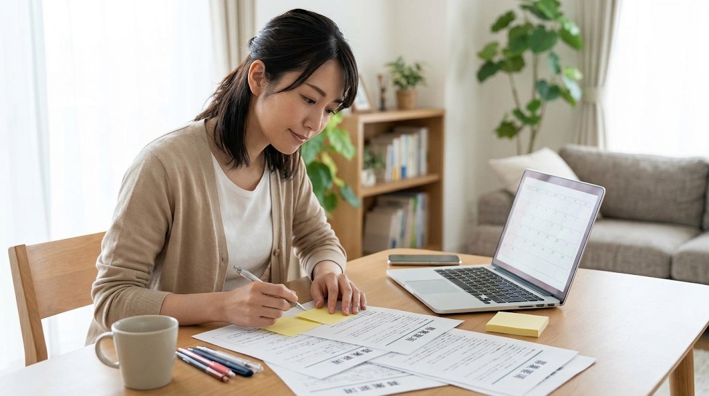リビングのテーブルで募集要項の紙に付箋を貼り、ノートパソコンで日程を確かめる日本人女性
