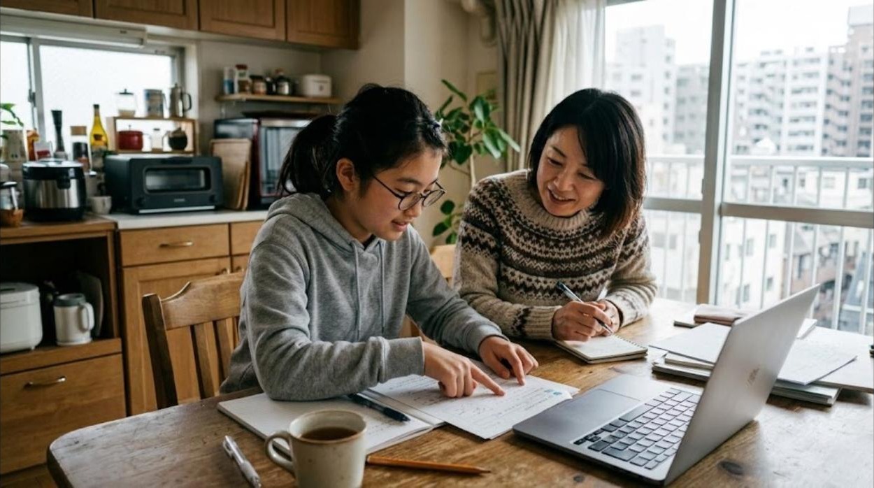 週末の午後、東京のマンションの台所のテーブルで、中学生の娘が学校の書類を指さしながら母親に説明し、母親がうなずいて聞いている様子