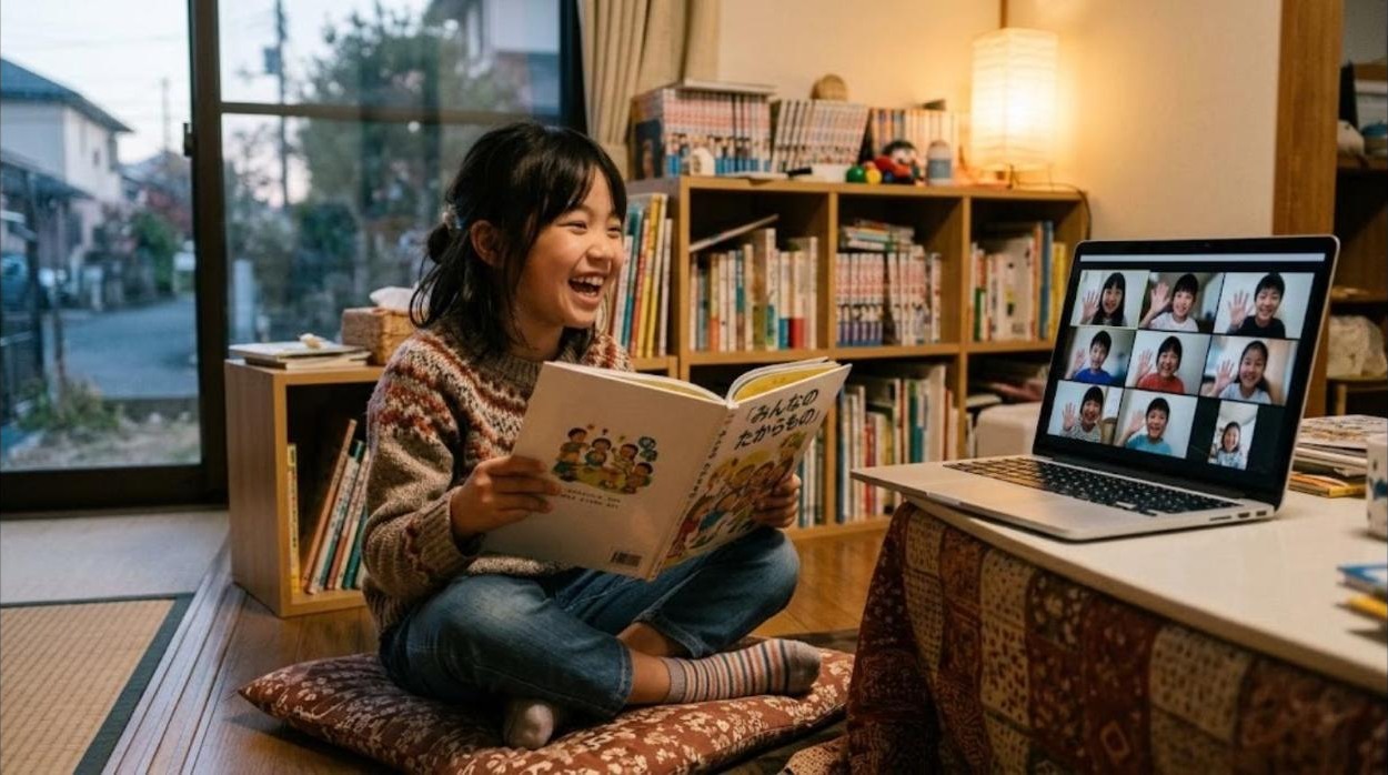 夕方の自宅で、小学生の女の子が座布団に座って日本語の絵本を笑顔で読み、隣のノートパソコンではオンラインの教室の子どもたちが手を振っている様子