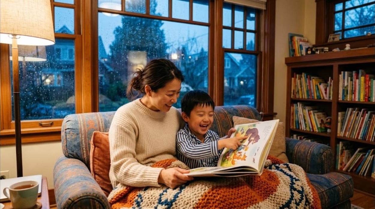 A mother and her young son laugh while reading a Japanese picture book on a sofa on a rainy evening in a Seattle craftsman home