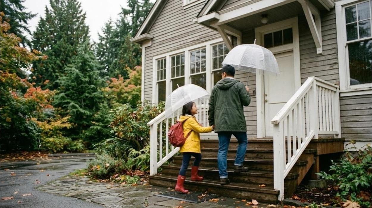 A father and his daughter in a yellow raincoat climb the wooden steps of an old white-trimmed schoolhouse under clear umbrellas on a drizzly Seattle Saturday morning