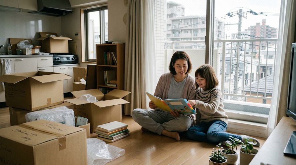 海外から帰国したばかりで段ボールが残る東京のマンションの窓辺で、母親と小学生の娘が床に座って学校案内を一緒に見ている午後の様子