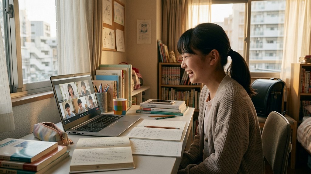 夕方の自室の机で、小学校高学年の女の子がノートパソコンのオンライン日本語クラスで日本人の先生や同世代の子どもたちと笑いながら話し、手元に日本語の本と漢字ノートがある様子
