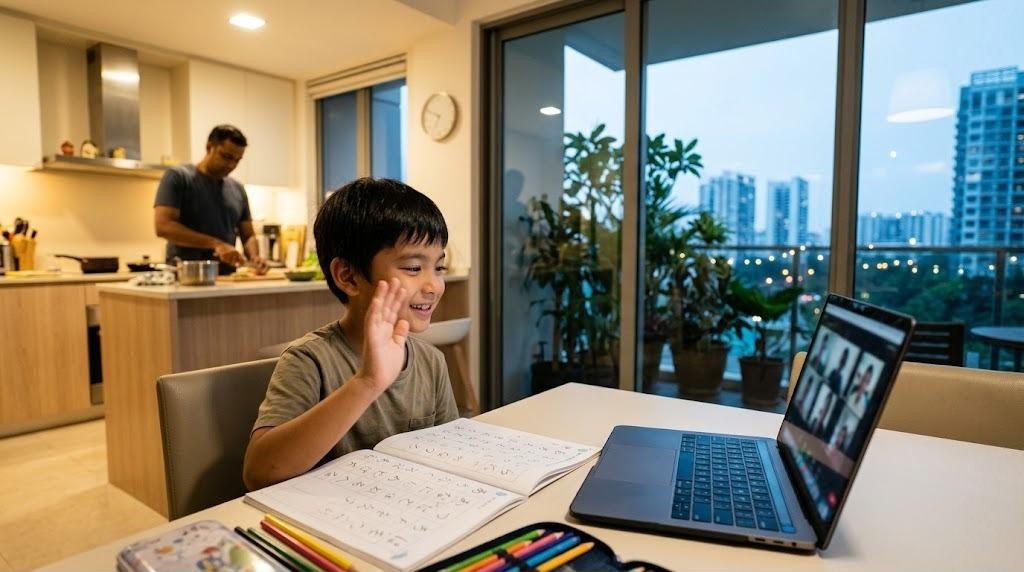 A boy waves at a laptop during an online class at a dining table in a Singapore condominium in the evening, a hiragana workbook beside him and his father cooking in the background