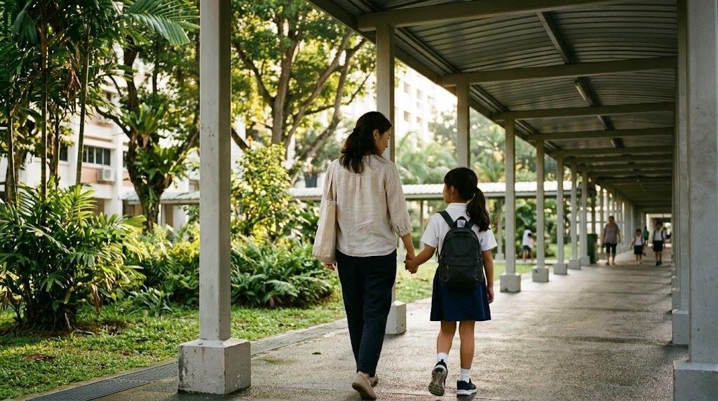 A Japanese mother and her daughter in a white polo shirt and navy skirt walk hand in hand along a covered walkway lined with tropical trees in a Singapore housing estate in the early morning