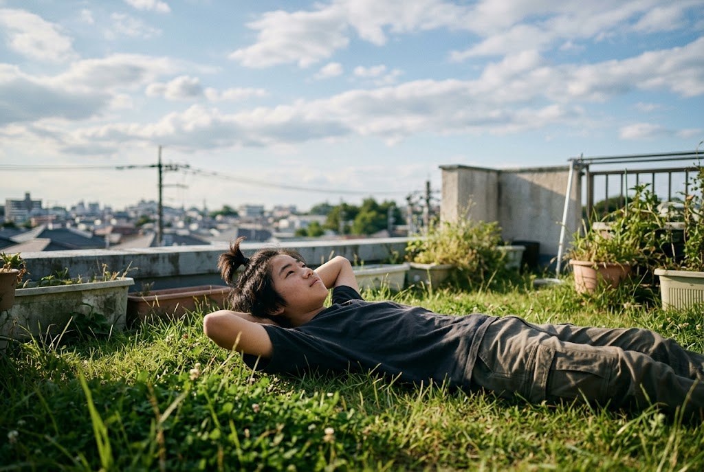 A relaxed teenage boy lying on a grassy rooftop garden watching clouds drift by