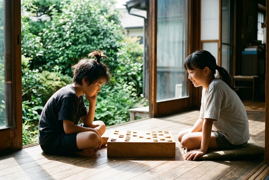 Two kids playing shogi on a wooden board on a sunny veranda