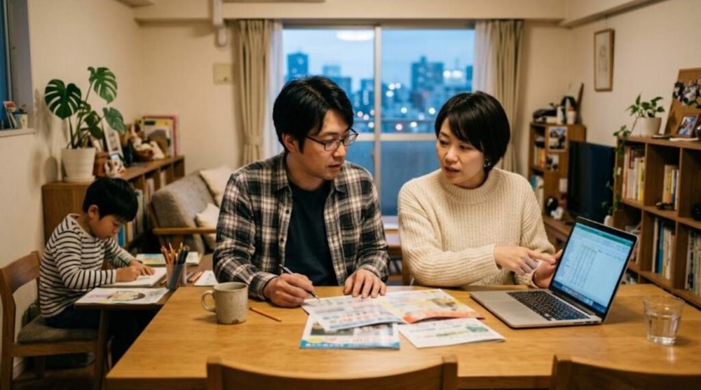夜のリビングで日本人の両親が学校のパンフレットとノートパソコンを比べている様子