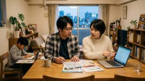 夜のリビングで日本人の両親が学校のパンフレットとノートパソコンを比べている様子